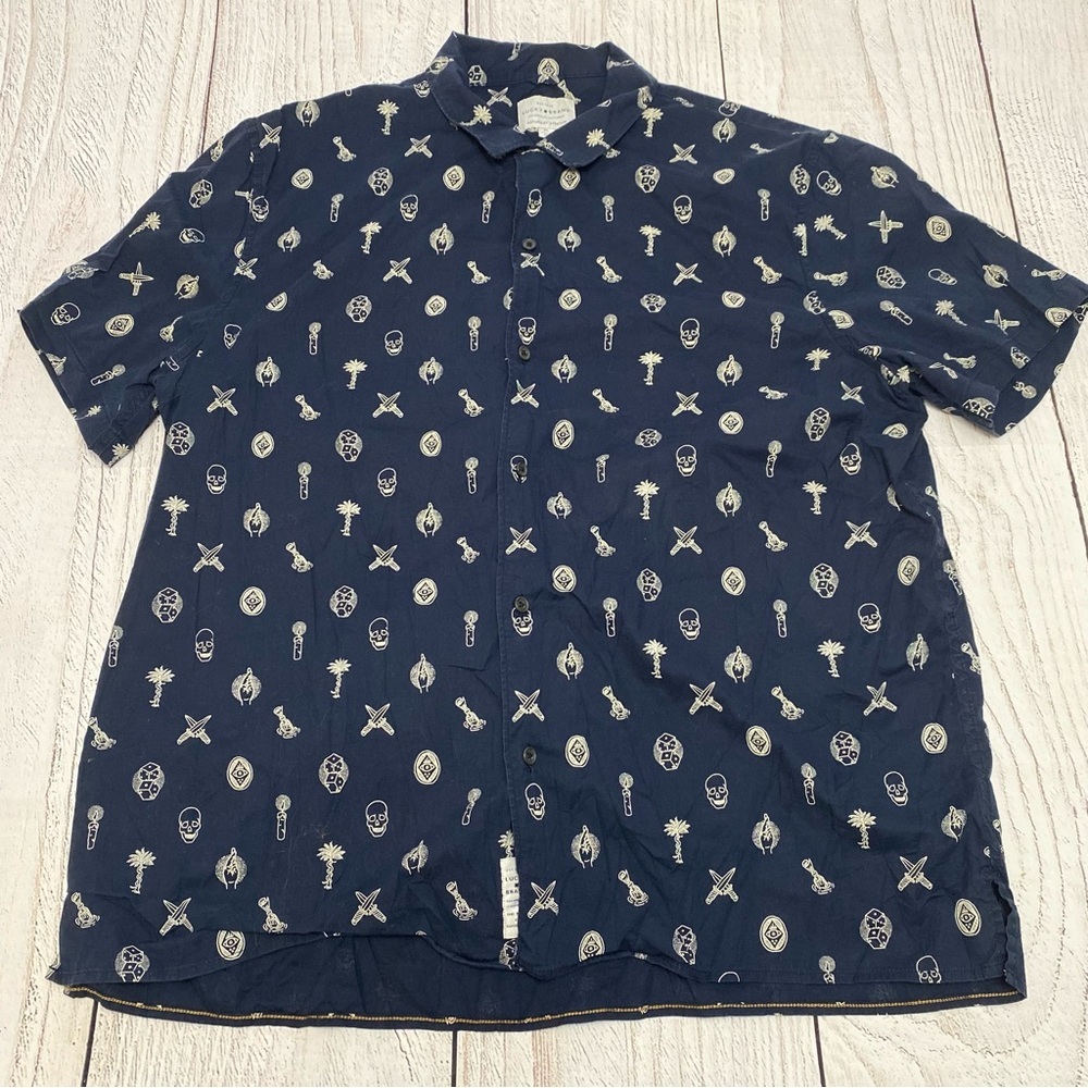Lucky Brand Navy Short-Sleeve Button-Down with Skulls XL